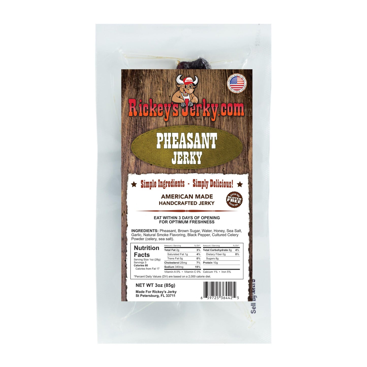 Rickeys Jerky Pheasant Jerky, High Protein, All Natural, Keto Friendly, Gluten Free, 3 Ounce