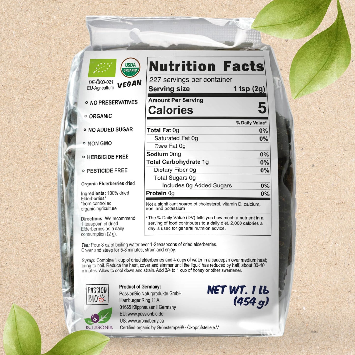 Dried Elderberries Organic 1 Lb Bulk Bag - Usda Certified, Non-Gmo Sambucus Nigra, Whole Dried Elderberry - Natural, No Added Su