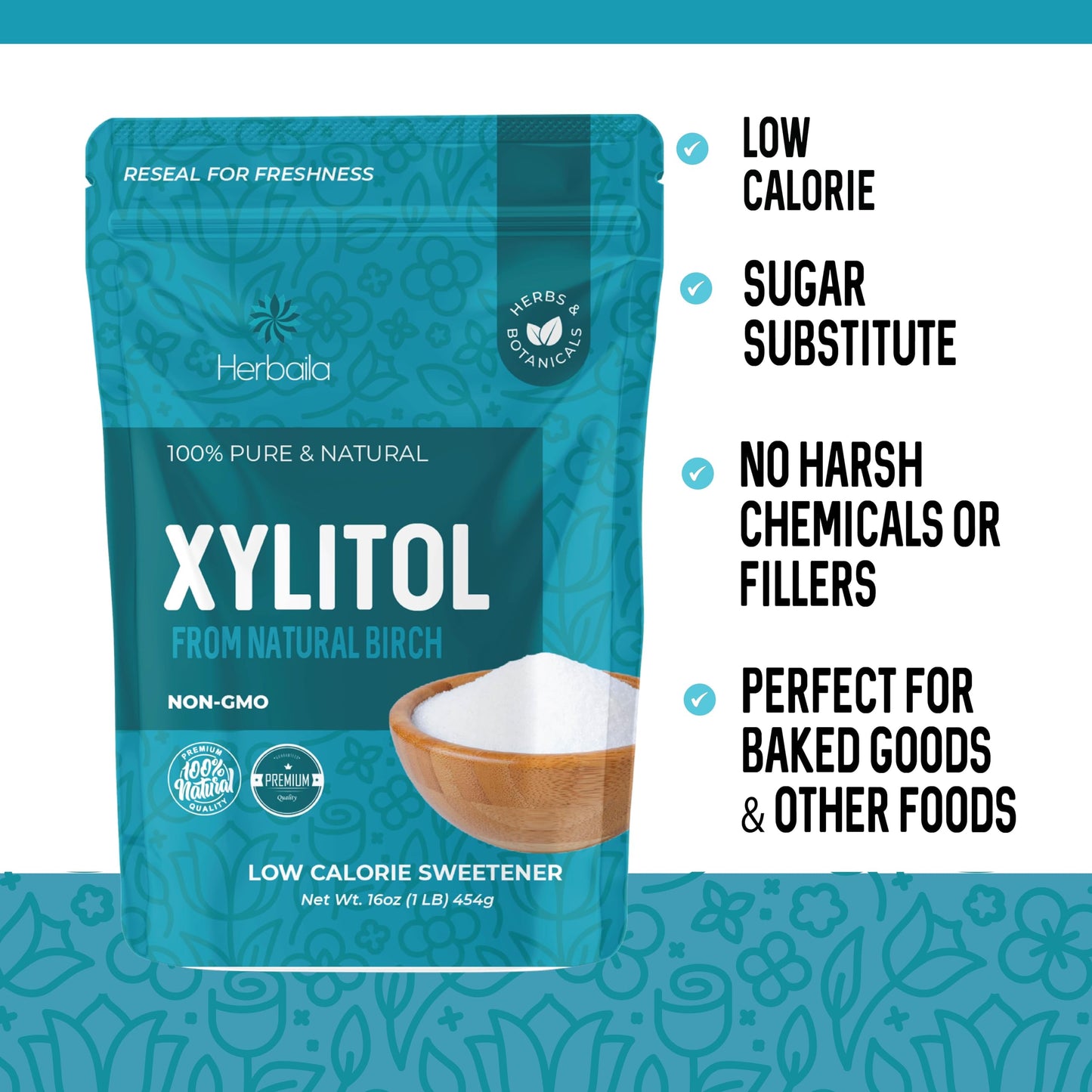 Herbaila Xylitol Sweetener - Pure Granulated Sugar Substitute, Sugar Free, 16oz