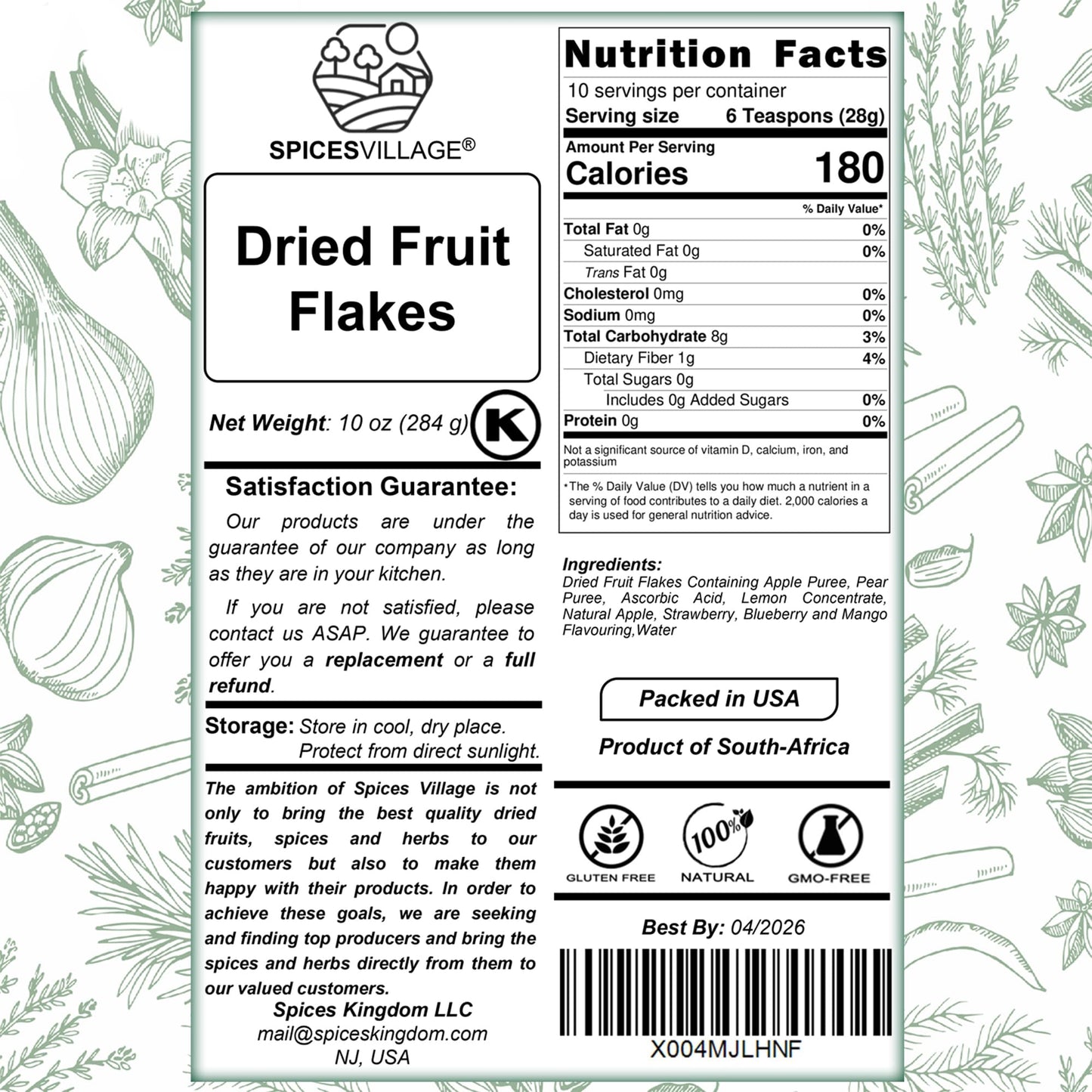 Spices Village Fruit Snacks, Fruit Strips Flakes Mix, No Sugar Added,10 Oz, No Additives, Kosher, Mix Of Natural Apple, Pear, St