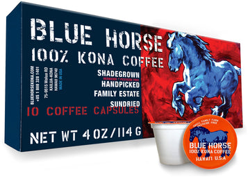 Blue Horse 100% Kona Coffee Pods, Medium Roast, 10ct Single Serve, Compatible with K Cups 2.0, Farm Fresh, Authentic Arabica Bea