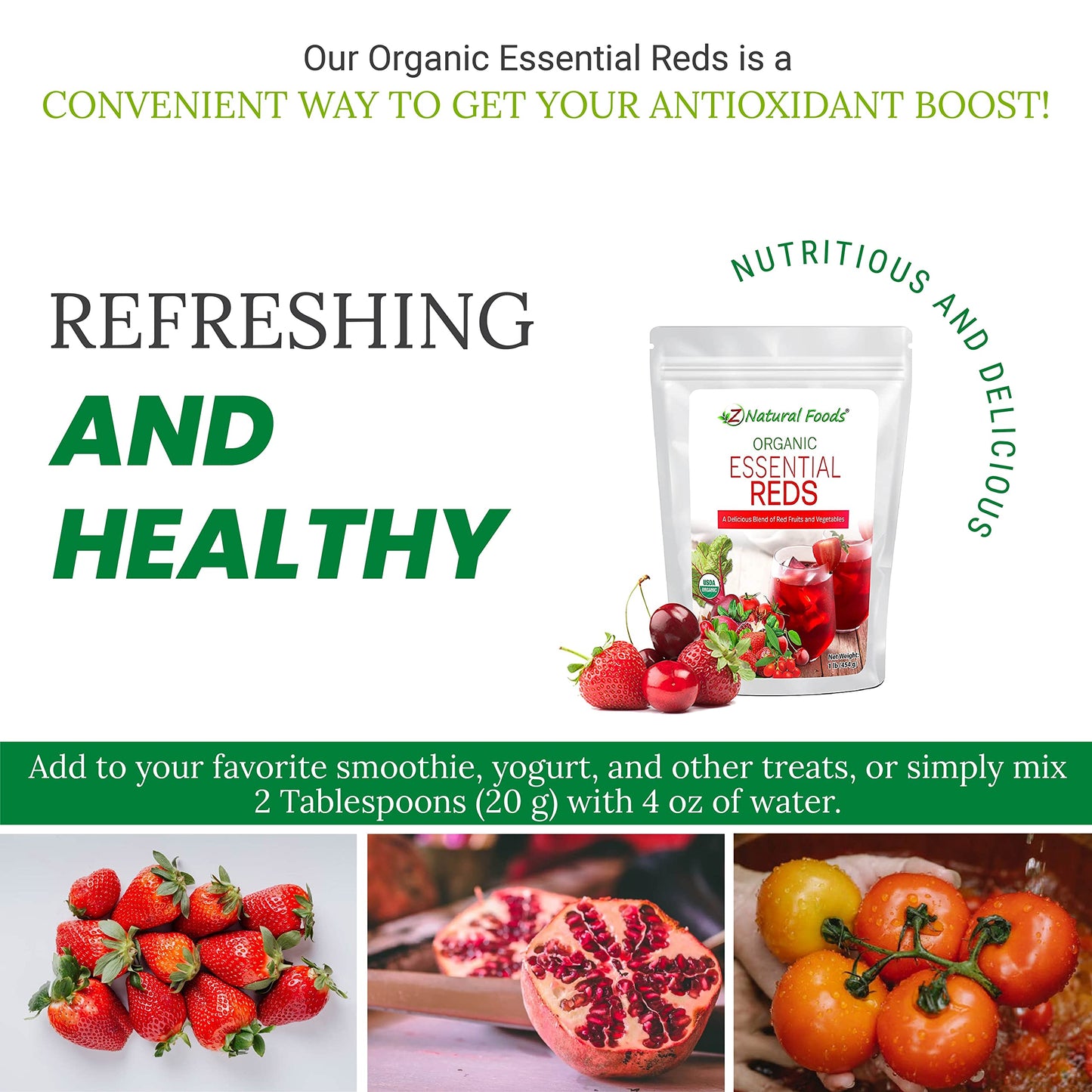 Z Natural Foods Organic Essential Reds, Organic Juice Powder, Super Blend Of 10 Red Fruits And Vegetables, Superfood Smoothie Po