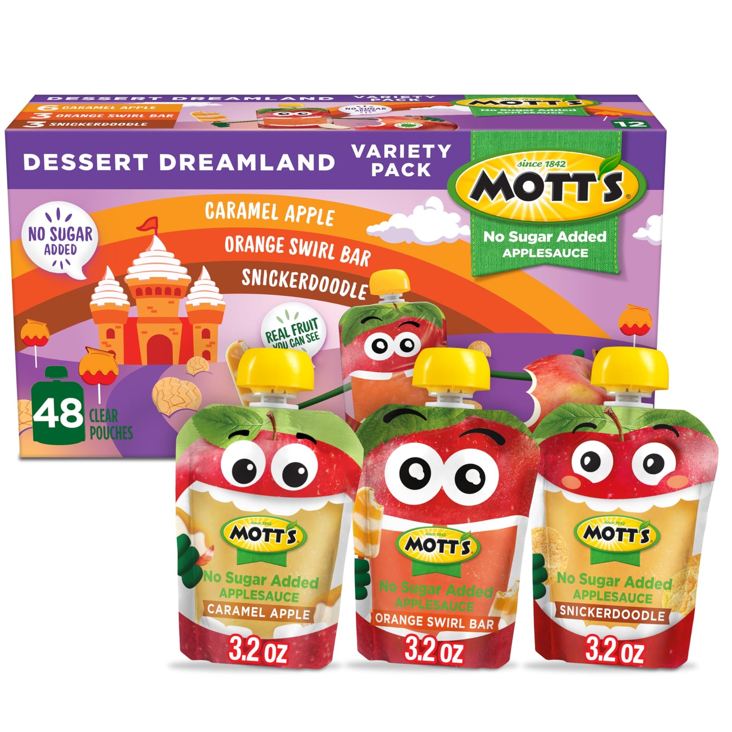 Motts No Sugar Added Dessert Dreamland Applesauce Variety Pack 3.2 Oz Clear Pouches 48 Count (4 Packs Of 12)