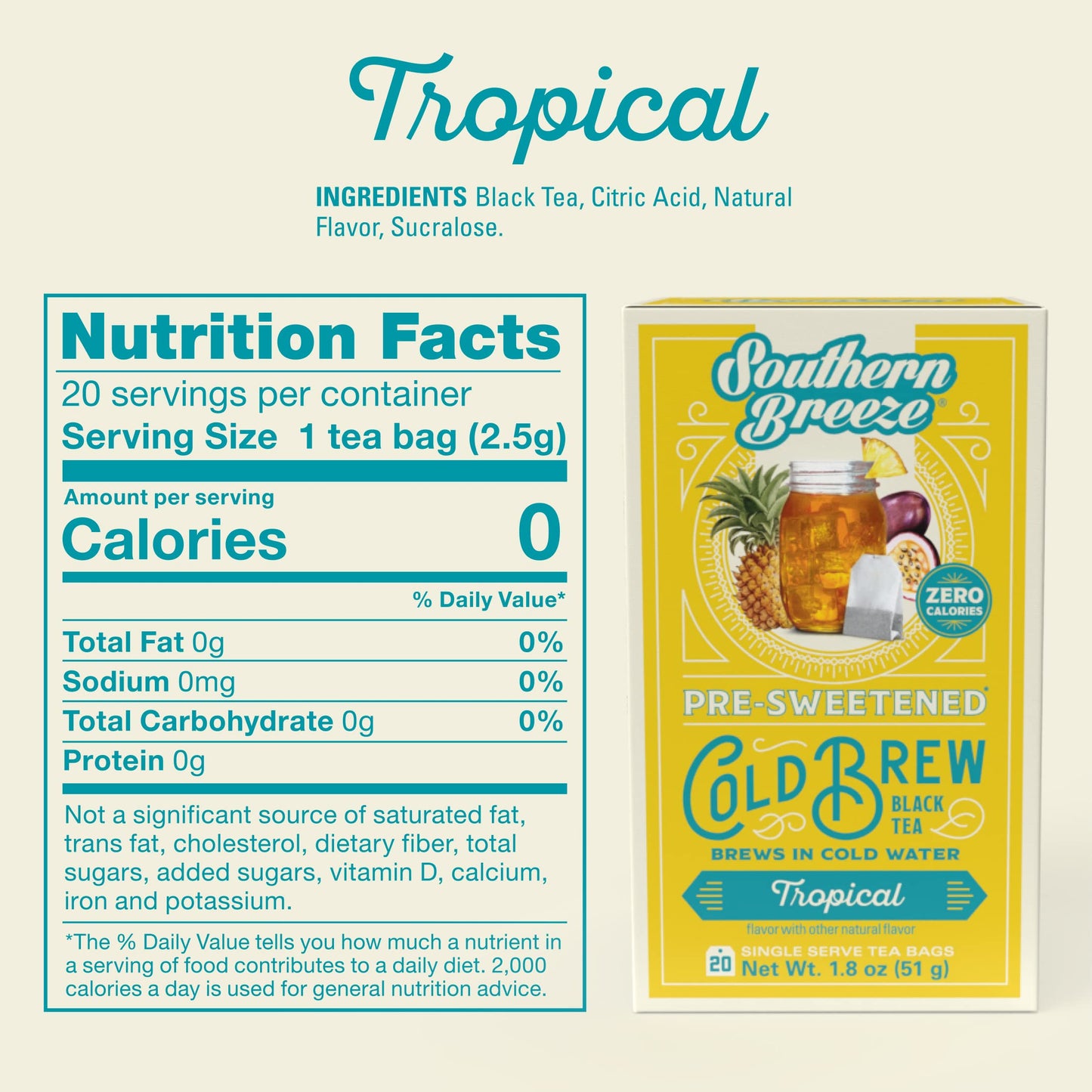 Southern Breeze Cold Brew Sweet Tea Tropical Iced Tea With Black Tea And Zero Carbs Zero Sugar, 20 Individually Wrapped Tea Bags, Pack Of 4