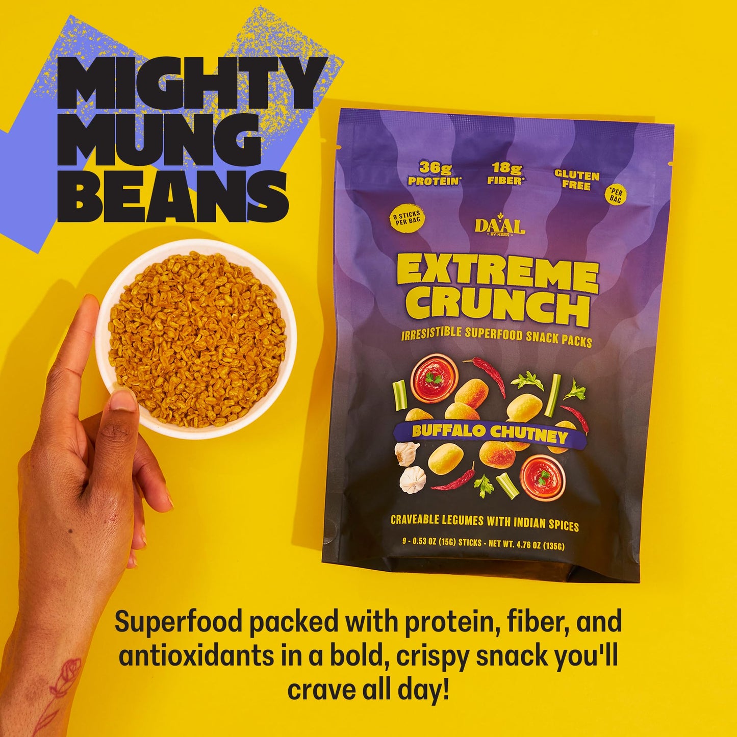 Daal By Keen Crunchy Mung Bean Snacks - Buffalo Chutney - Plant-Based Protein, High Fiber, Gluten-Free, Nut-Free - Mix into Sala