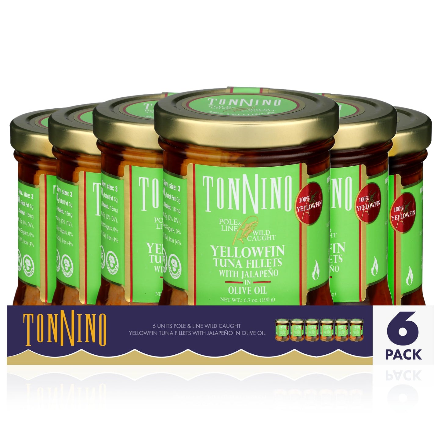 Tonnino Canned Pole & Line Tuna Yellowfin Fillets (Pack Of 6, Jalapeno In Olive Oil)