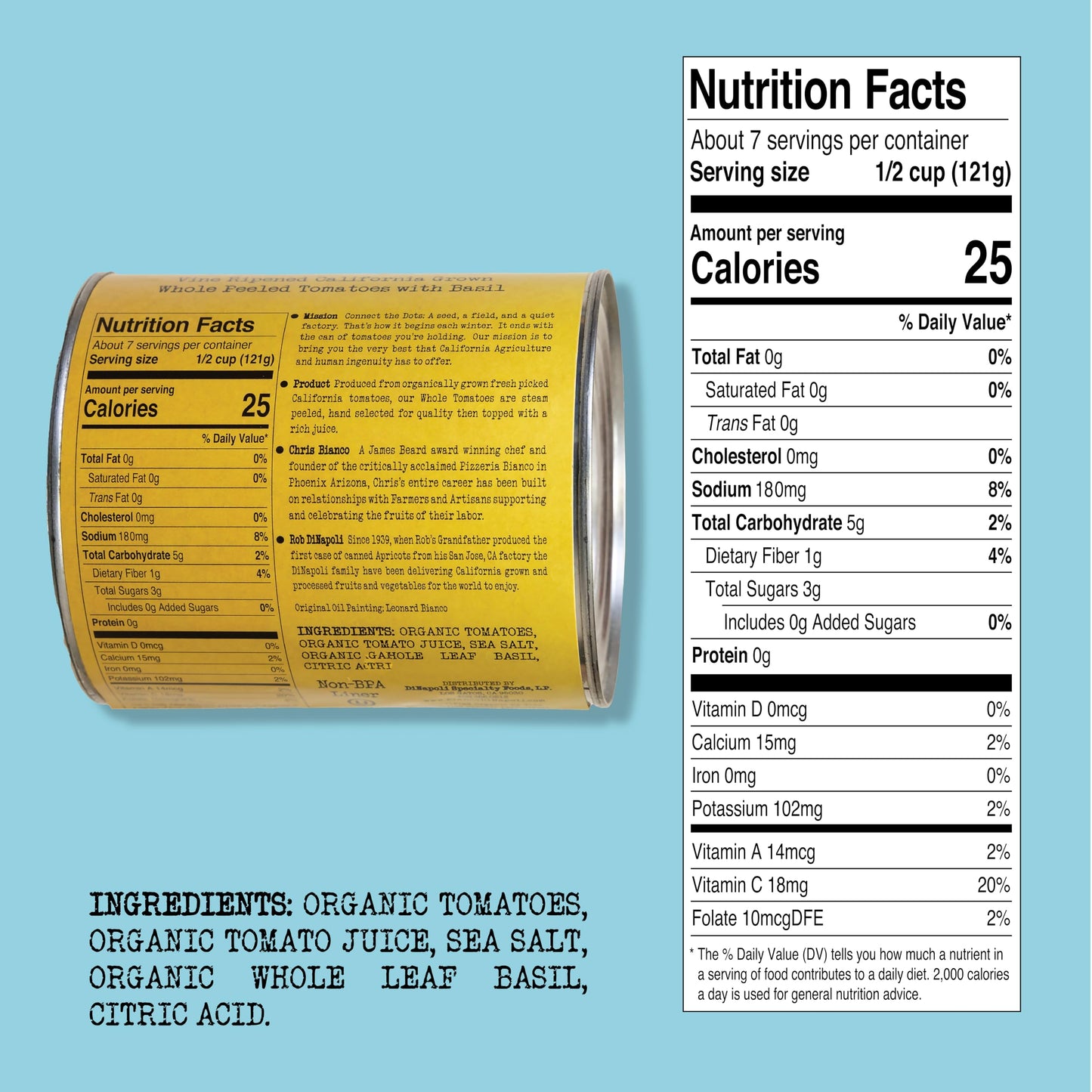 Bianco DiNapoli Organic Whole Peeled Tomatoes - Vine Ripened California Grown Tomatoes with Basil - Ideal for Flavorful Sauces,