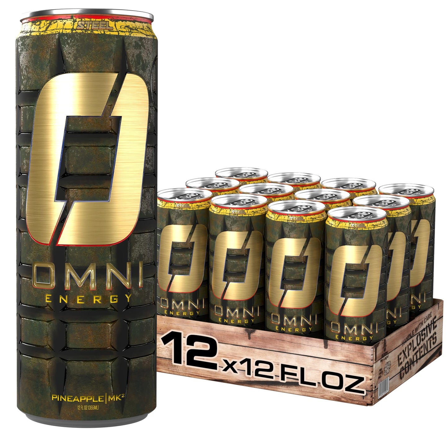 Steel Supplements OMNI Energy Drink Pineapple - Pack of 12, 200mg Caffeine, Sugar-Free, Low Calorie, 12 Oz Cans