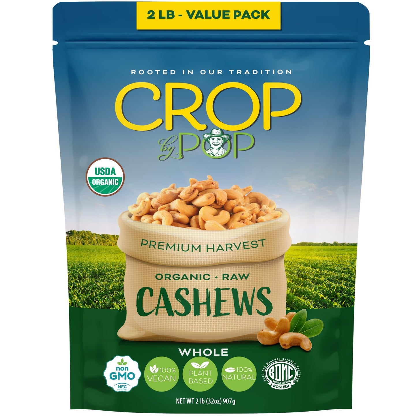 CROP BY POP - Organic Raw Whole Cashews, Unsalted, Shelled, (32 Oz - 2 LB) Packed Fresh in Resealable Bag - USDA Organic, Non GM