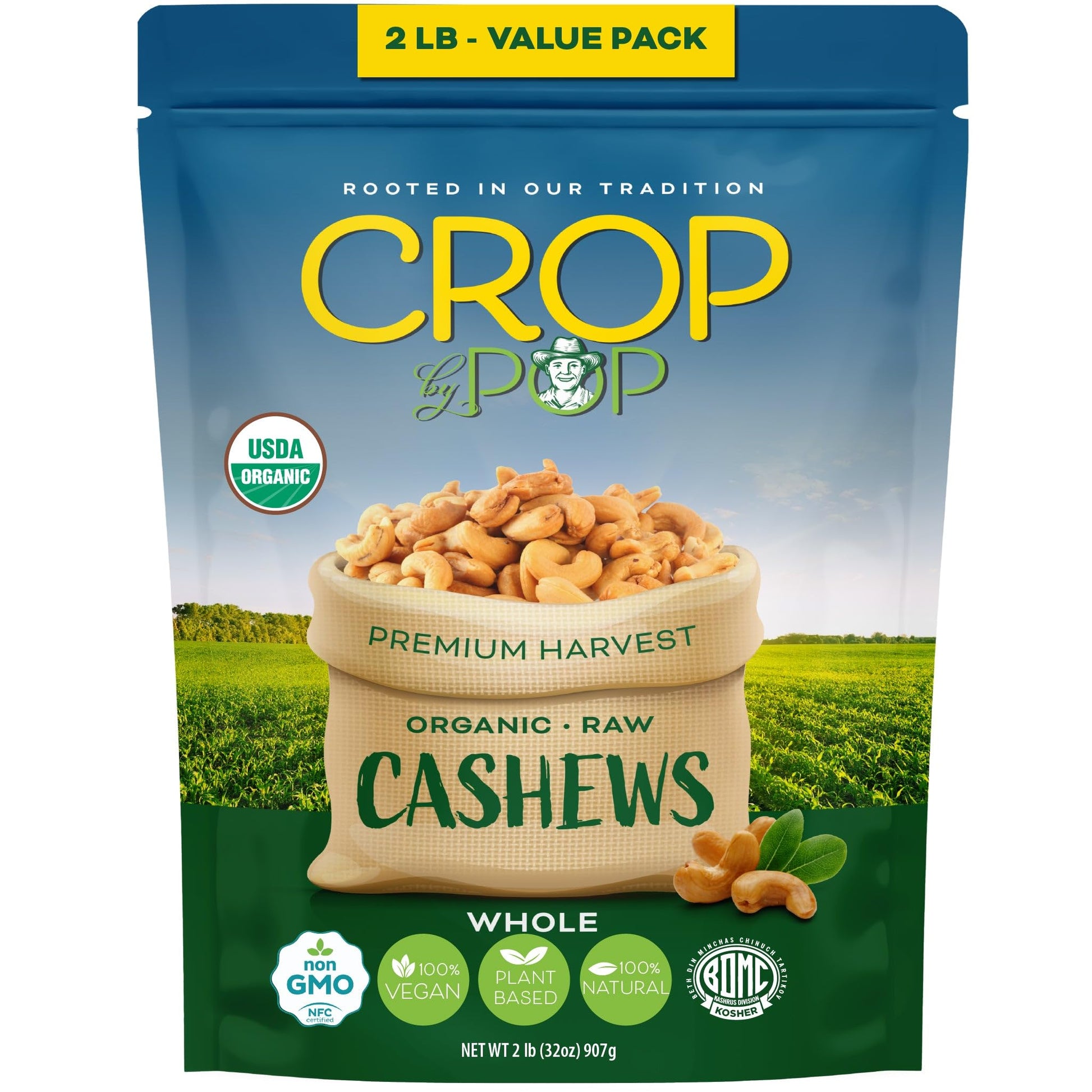 CROP BY POP - Organic Raw Whole Cashews, Unsalted, Shelled, (32 Oz - 2 LB) Packed Fresh in Resealable Bag - USDA Organic, Non GM