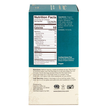 Teeccino Herbal Tea Dandelion Vanilla Nut Caffeine Free Prebiotic 25 Tea Bags