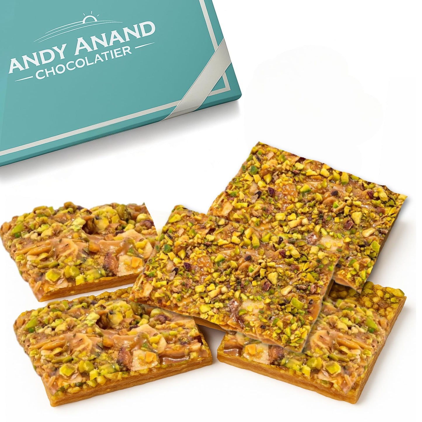 Andy Anand Chocolatier Gluten Free Pistachio Brittle - Made In Italy Roasted Nutty Croccante Simply Delicious & Crunchy Gourmet Snack With All Natural Ingredients No Preservatives (7 Oz)
