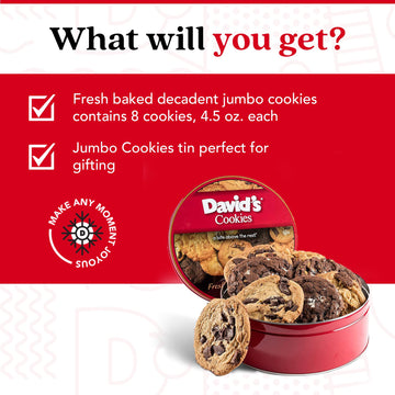 Davids Cookies Assorted Fresh-Baked Decadent Cookie Gift Basket Tin - Luscious Large Cookies No Added Preservatives 4 oz./ each