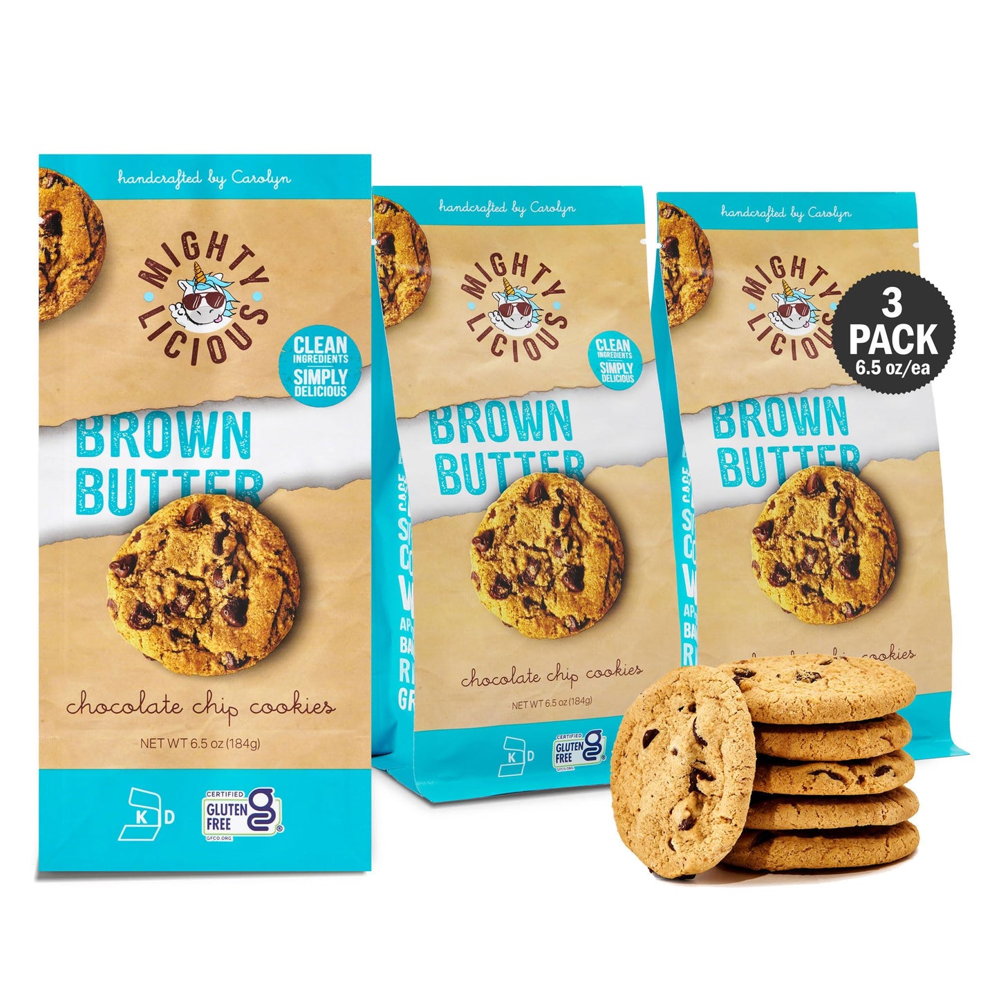 MIGHTYLICIOUS - Brown Butter Chocolate Chip Cookies - Gluten-Free - Kosher - Allergen-Friendly Snack - Perfect for Weddings & Birthdays - 6.5 Oz (3 Pack)