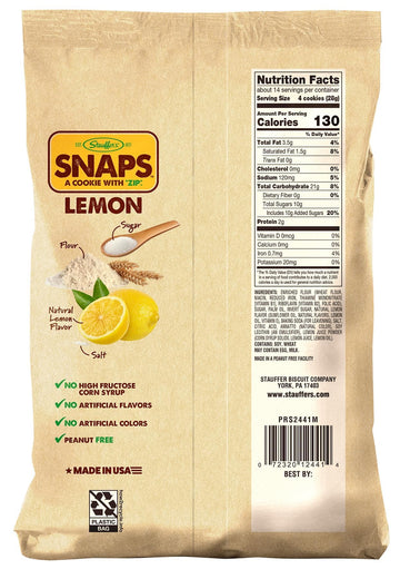 STAUFFERS Lemon SNAPS Cookies - Lemon Flavored - 14oz Bag - No High Fructose Corn Syrup - Yellow