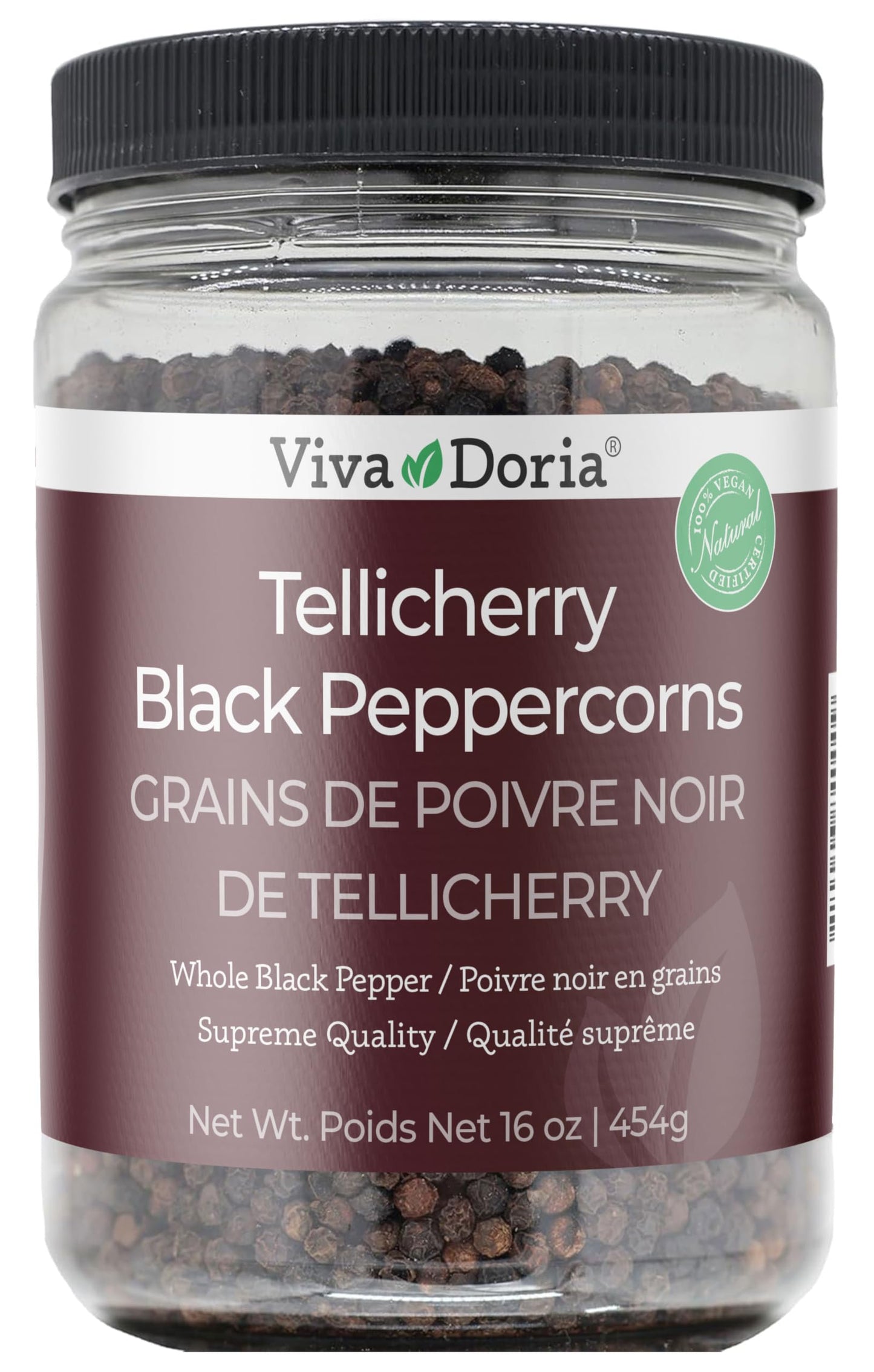 Viva Doria Tellicherry Peppercorn, Whole Black Pepper, Steam Sterilized Black Peppercorns, 16 Oz (1 lb), For Grinder Refills