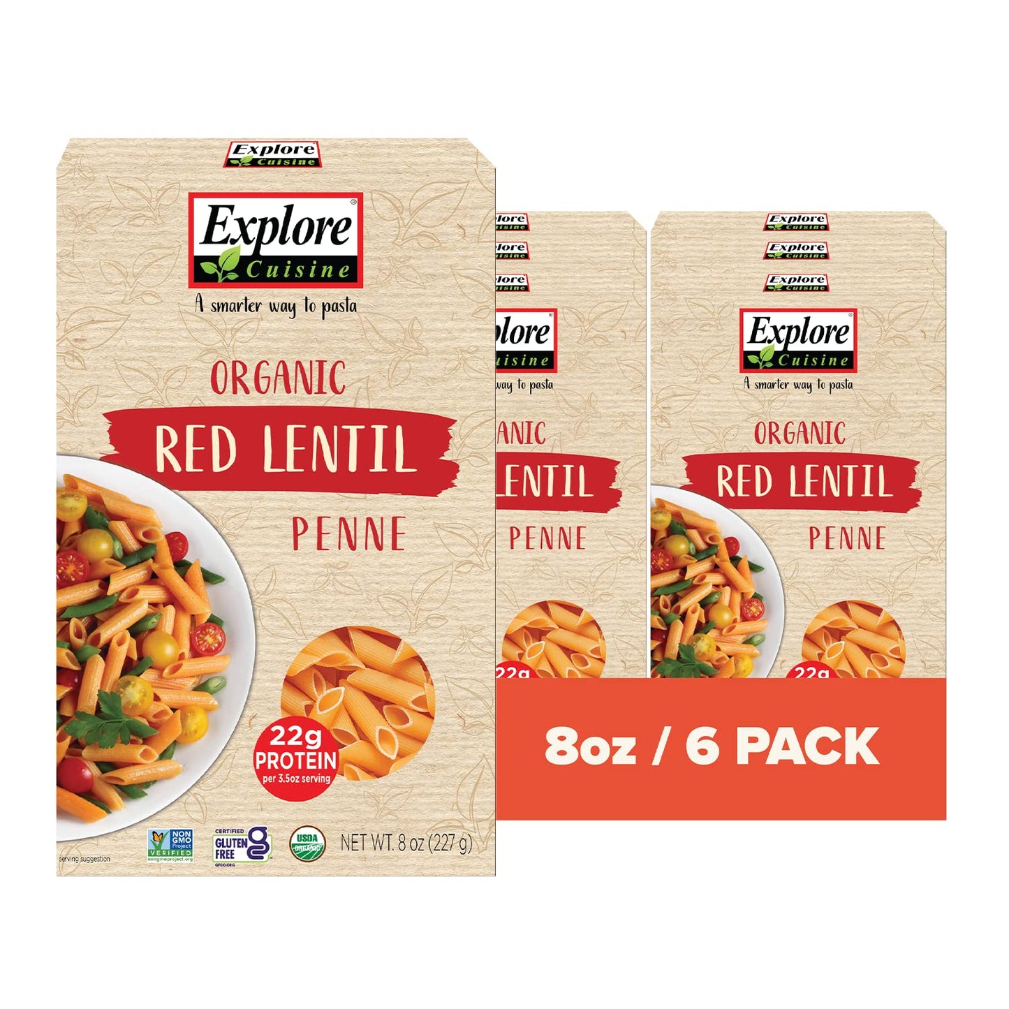 Explore Cuisine Organic Red Lentil Penne - High Protein, Gluten Free Pasta, Easy To Make - Organic, Non Gmo - 24 Total Servings, 8 Ounce (Pack Of 6)