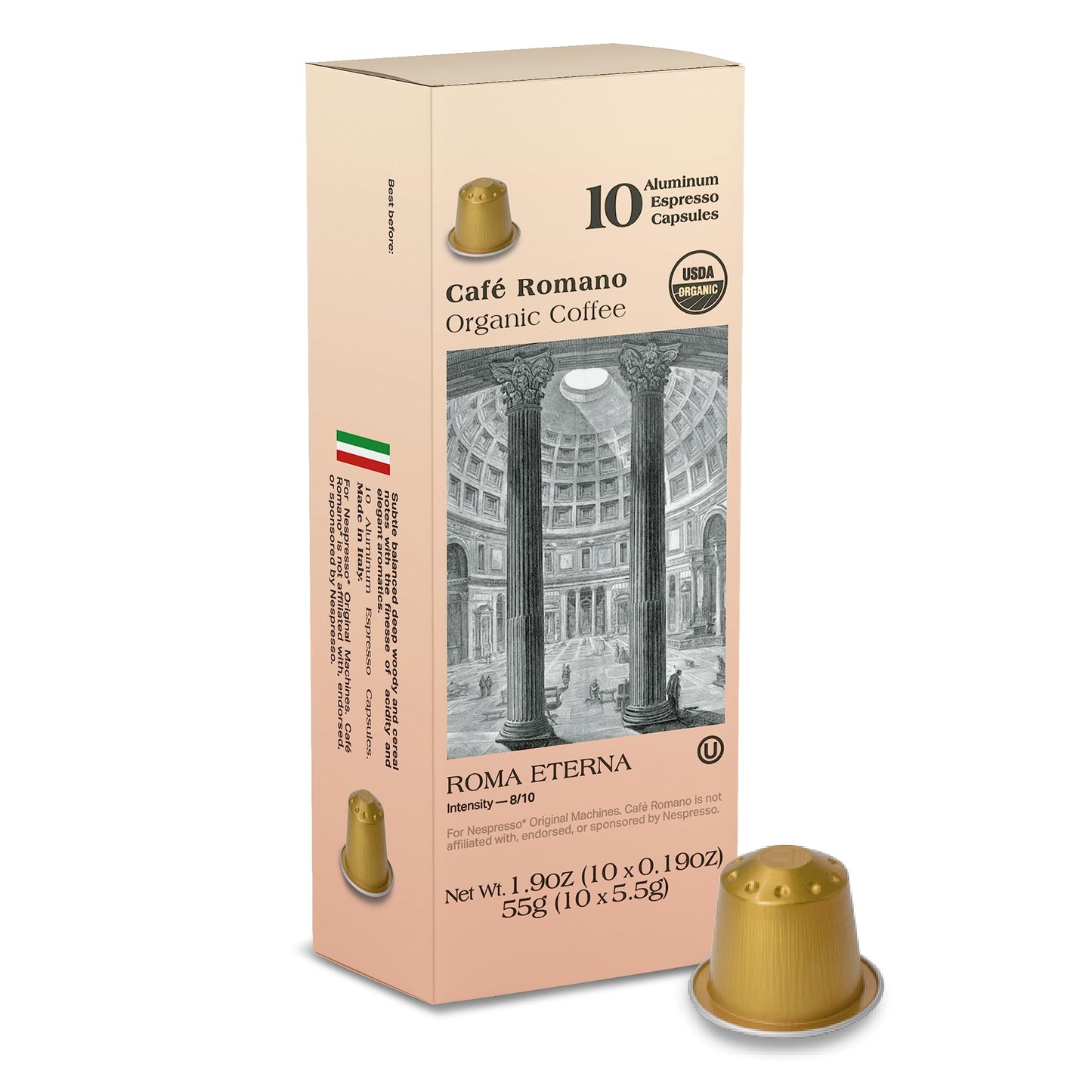 Organic Usda Caf? Romano Coffee Aluminum Espresso Pods For Nespresso Origninal Machine 100 Pack Italian Espresso Coffee 100% Arabica (Roma)