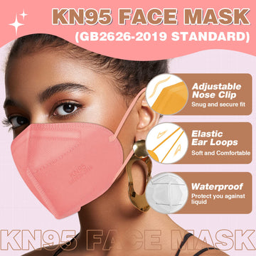 XDX KN95 Face Masks, 60 Individually Wrapped Pink Masks, 5-Layer Dusty Rose, =95% Filter Efficiency, Disposable for Adults