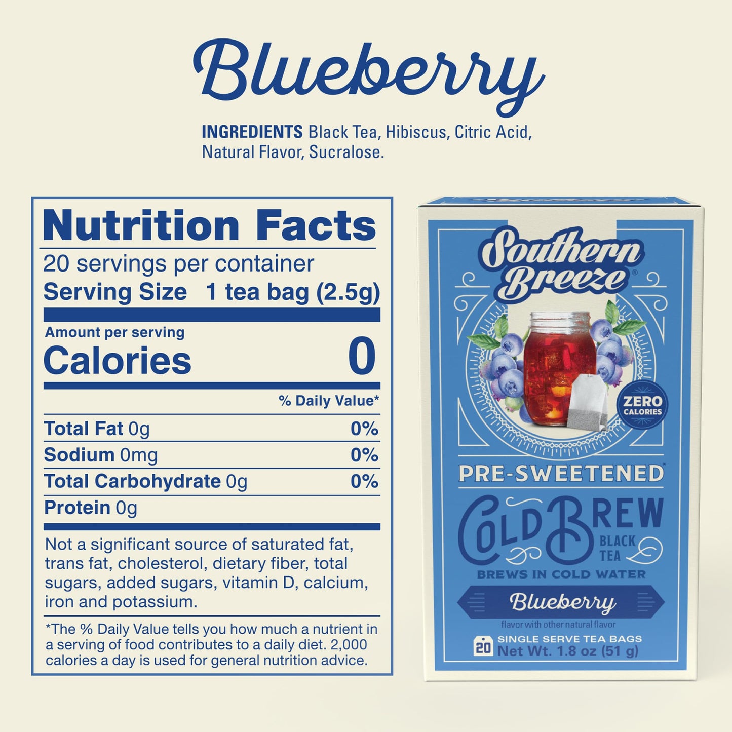 Southern Breeze Blueberry Cold Brew Sweet Tea Blueberry Iced Tea With Black Tea And Zero Carbs Zero Sugar, 20 Individually Wrapped Tea Bags