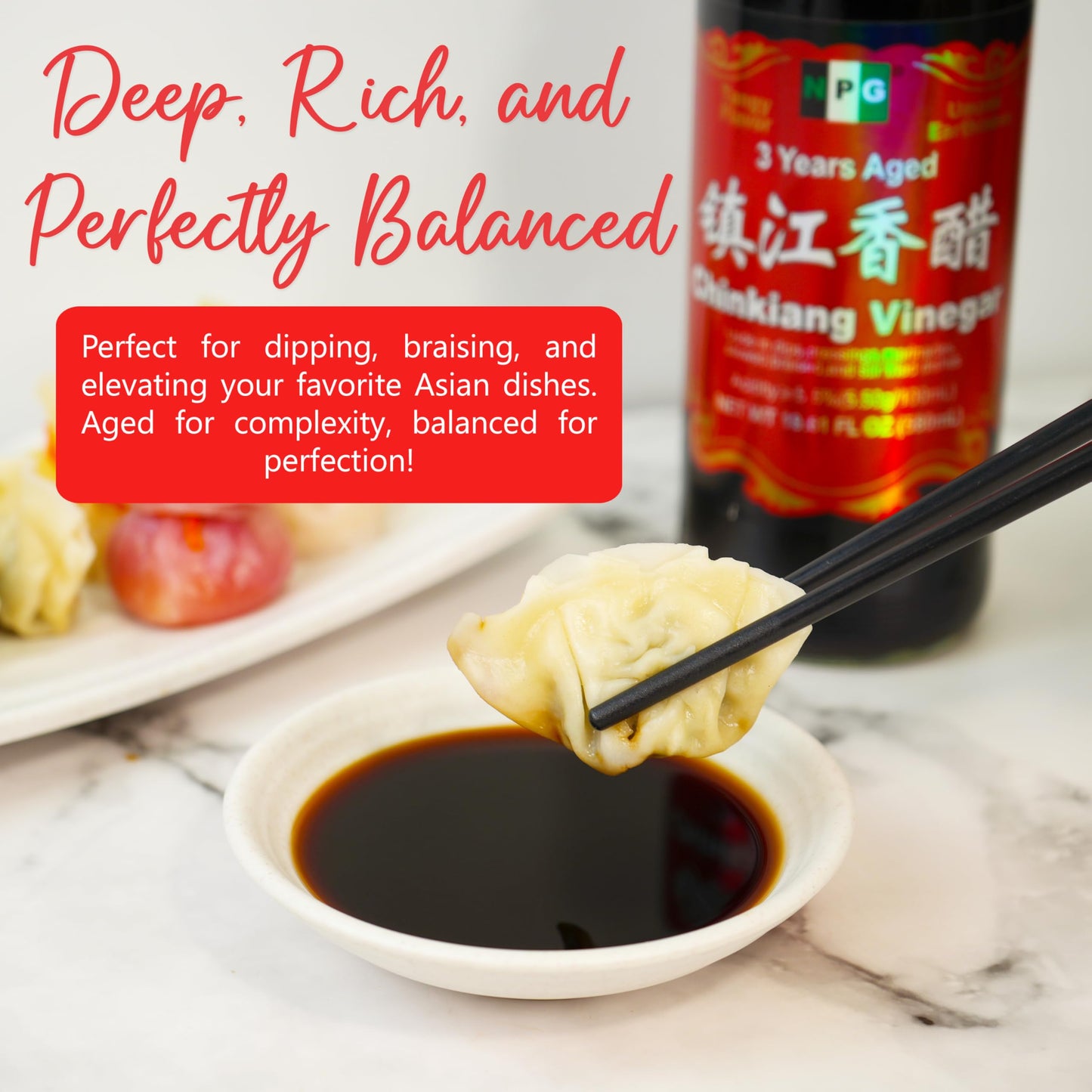 NPG Chinkiang Vinegar, 19.61 Fl Oz (580ml), Aged Chinese Black Rice Vinegar for Dumplings, Sushi, Salad, Marinade, Stir Fry