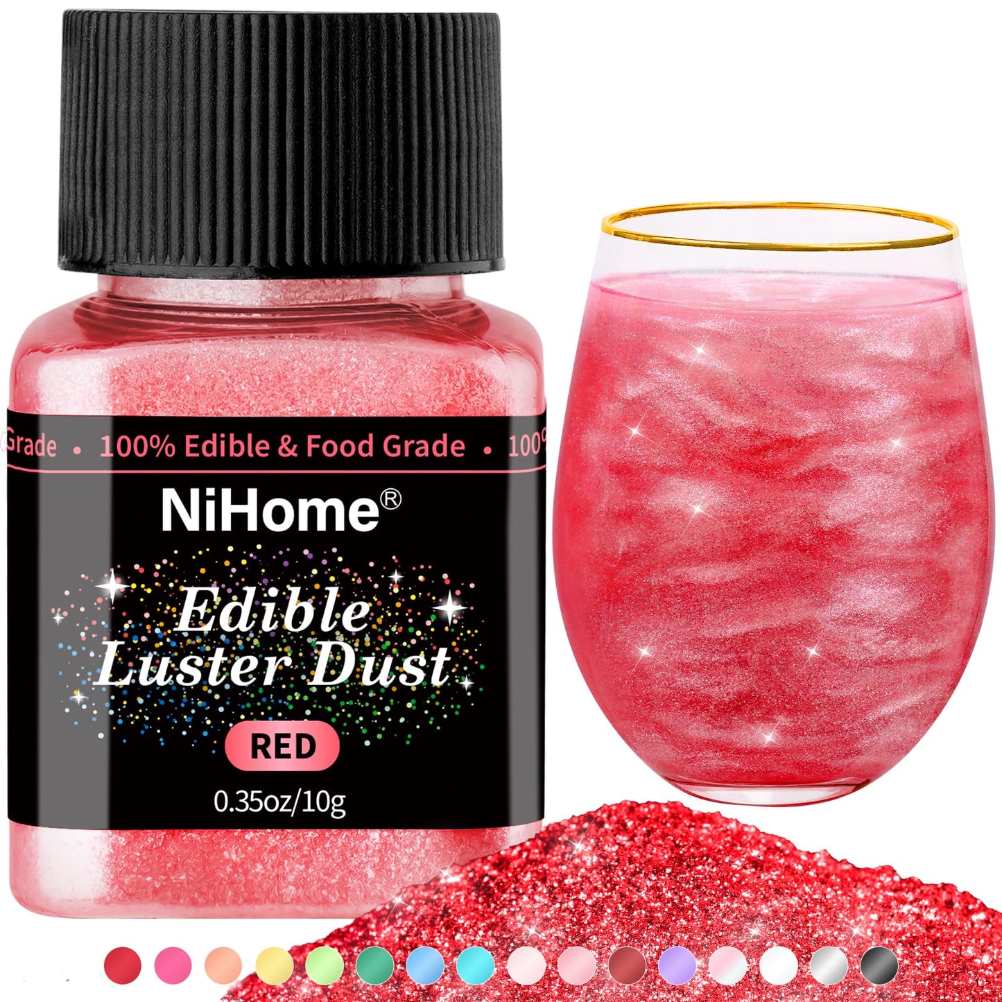 Nihome Edible Food-Grade Glitter Powder Glimmer Luster Dust Metallic Fancy Food Decorating Sprinkle Glimmery Dust For Drink Beverage-Inspired Beverage Cake Bakery Vegan Allergen-Free (Red 0.35Oz/10G)