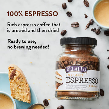 Delallo Instant Espresso Powder, 1.94 Ounce Jar, For Baking And Drinks,100% Dark Roast Coffee, Naturally Caffeinated, Non Gmo