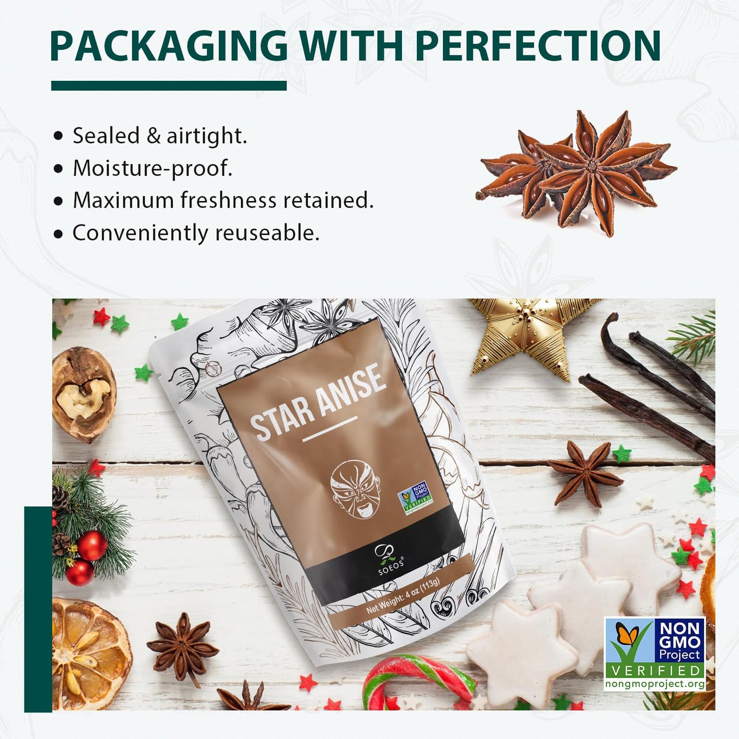 Soeos Star Anise, Anise Seeds, Whole Chinese Star Anise Pods For Baking And Tea, Star Anise Whole, 4 Oz