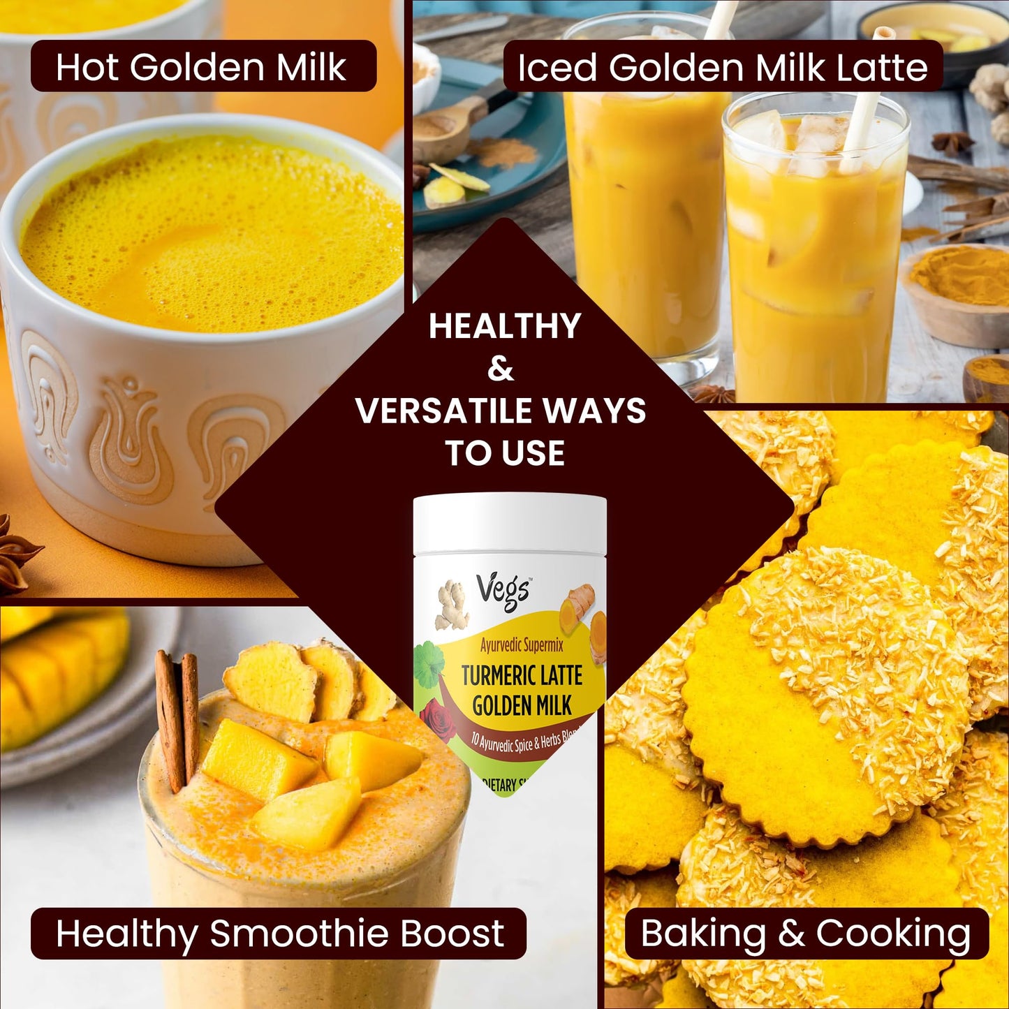 Vegs Turmeric Golden Milk Powder - Organic Ayurvedic Spice Mix with Turmeric, Ginger, Ashwagandha - 4 oz - Vegan, Sugar-Free, Non-GMO