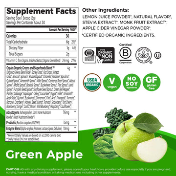 Orgain Supreme Greens Powder, 25 Organic Greens, 50 Superfoods, Vegan, 8.48 Ounce, Green Apple Flavor