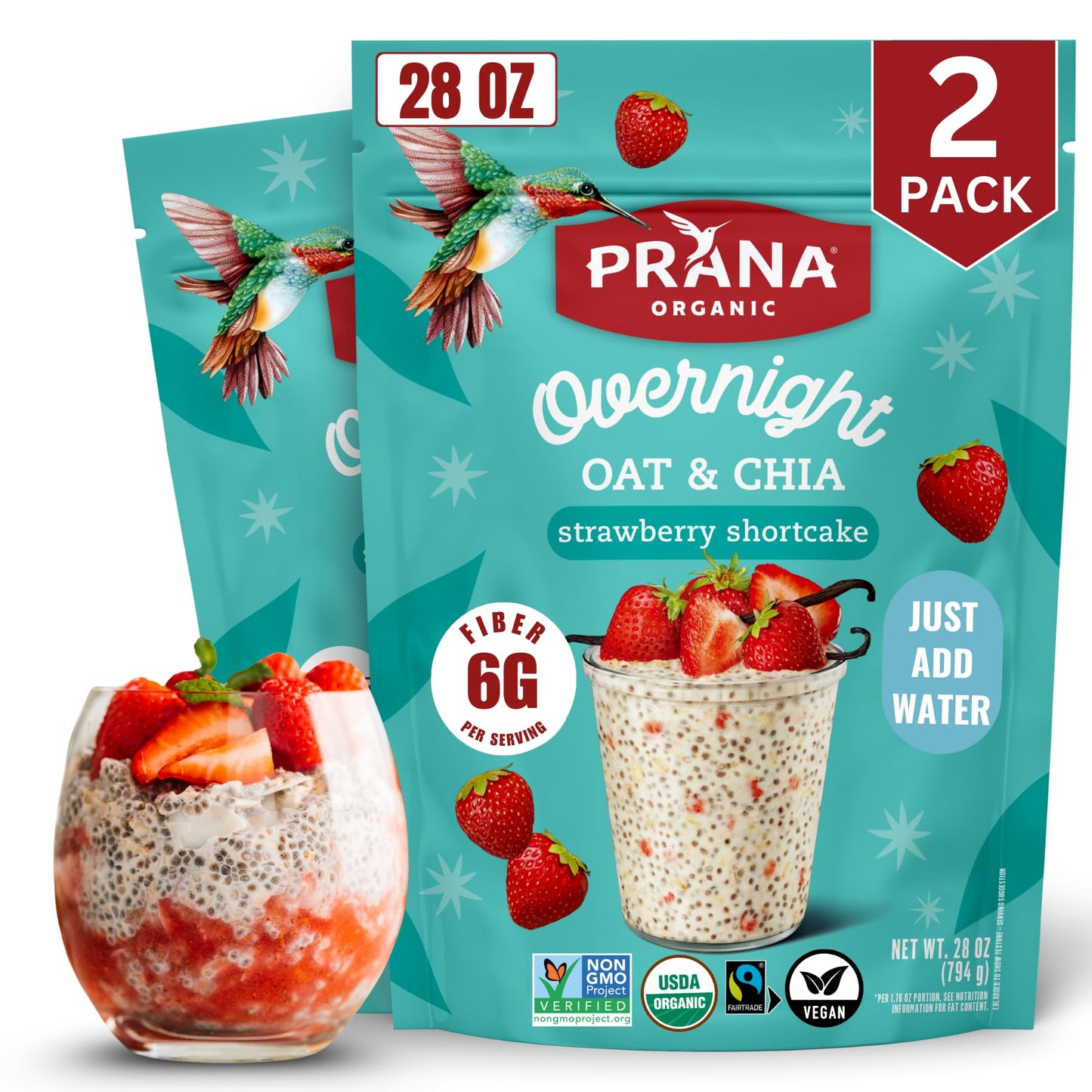 Prana Organic Overnight Chia with Oats Strawberry Shortcake | 28 oz Bags - 2 Pack | Rich in Fiber & Protein Vegan Non-GMO | Ready to Eat Breakfast