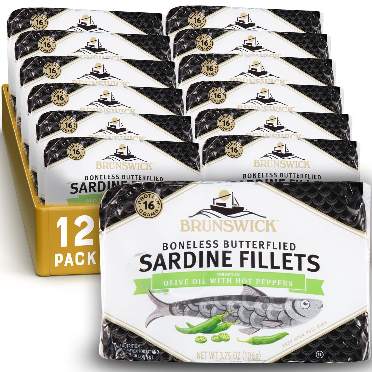 Brunswick Wild Caught Sardine Fillets In Hot Pepper, 3.75 Oz Can (Pack Of 12) - 16G Protein Per Serving - Gluten Free, Keto Friendly - Great For Pasta & Seafood Recipes