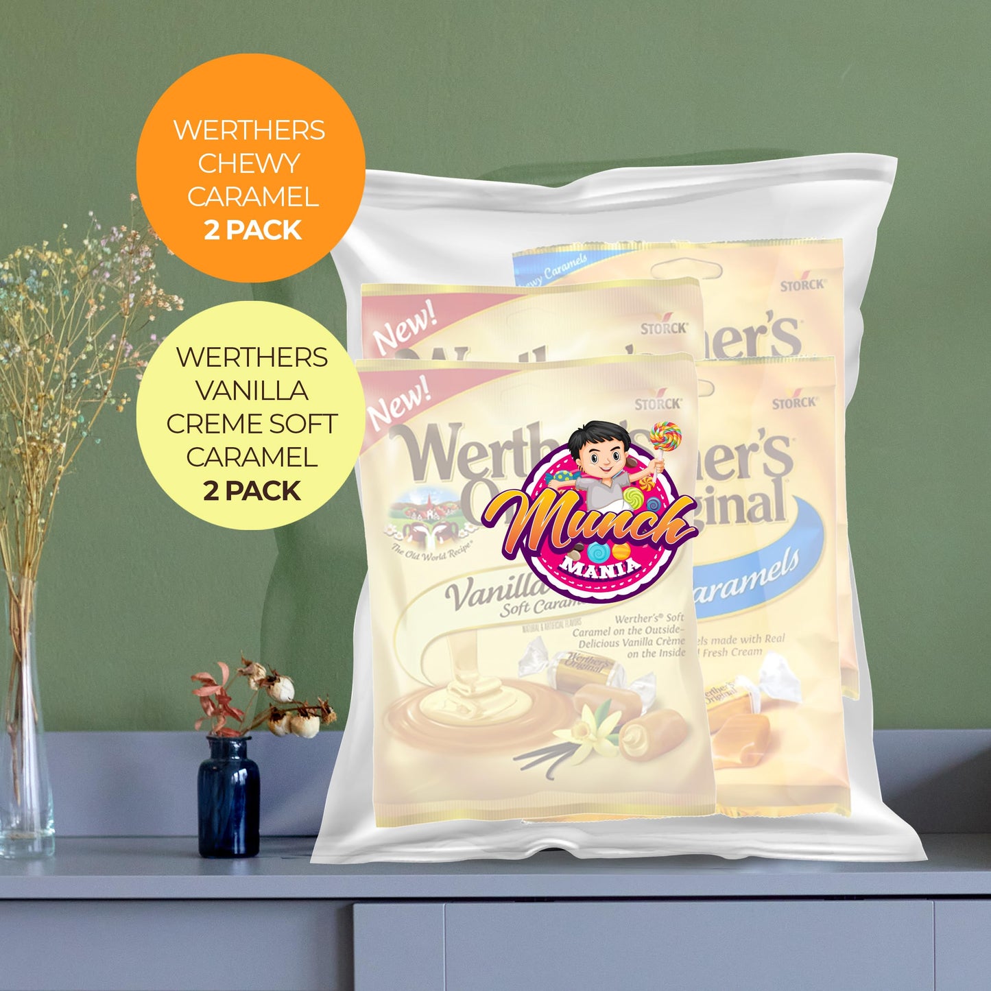 Munch Mania Werthers Original Vanilla Creme Soft Caramels, 2.4 oz, Pack of 4, Individually Wrapped, Brown