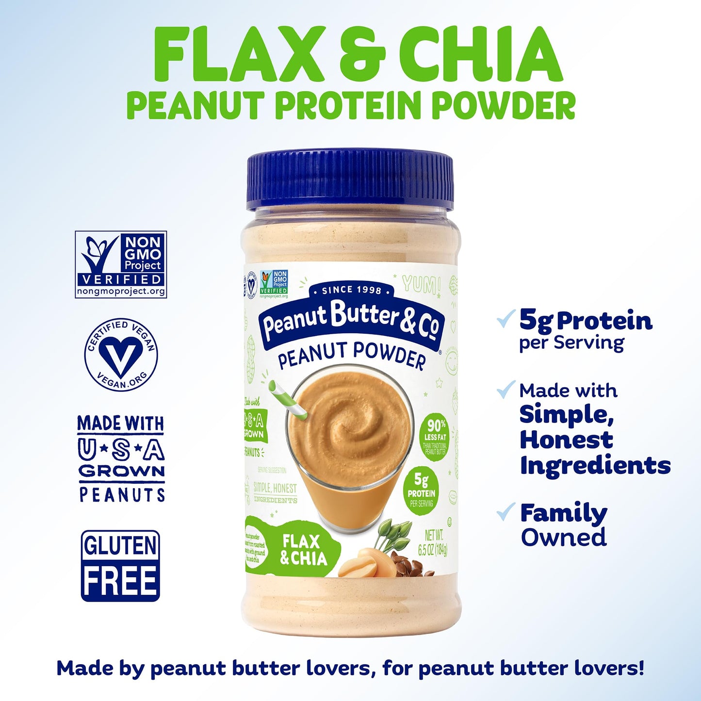 Peanut Butter & Co. Flax & Chia Peanut Powder, Non-Gmo Project Verified, Gluten Free, Vegan, 6.5 Ounce Jars (Pack Of 6)