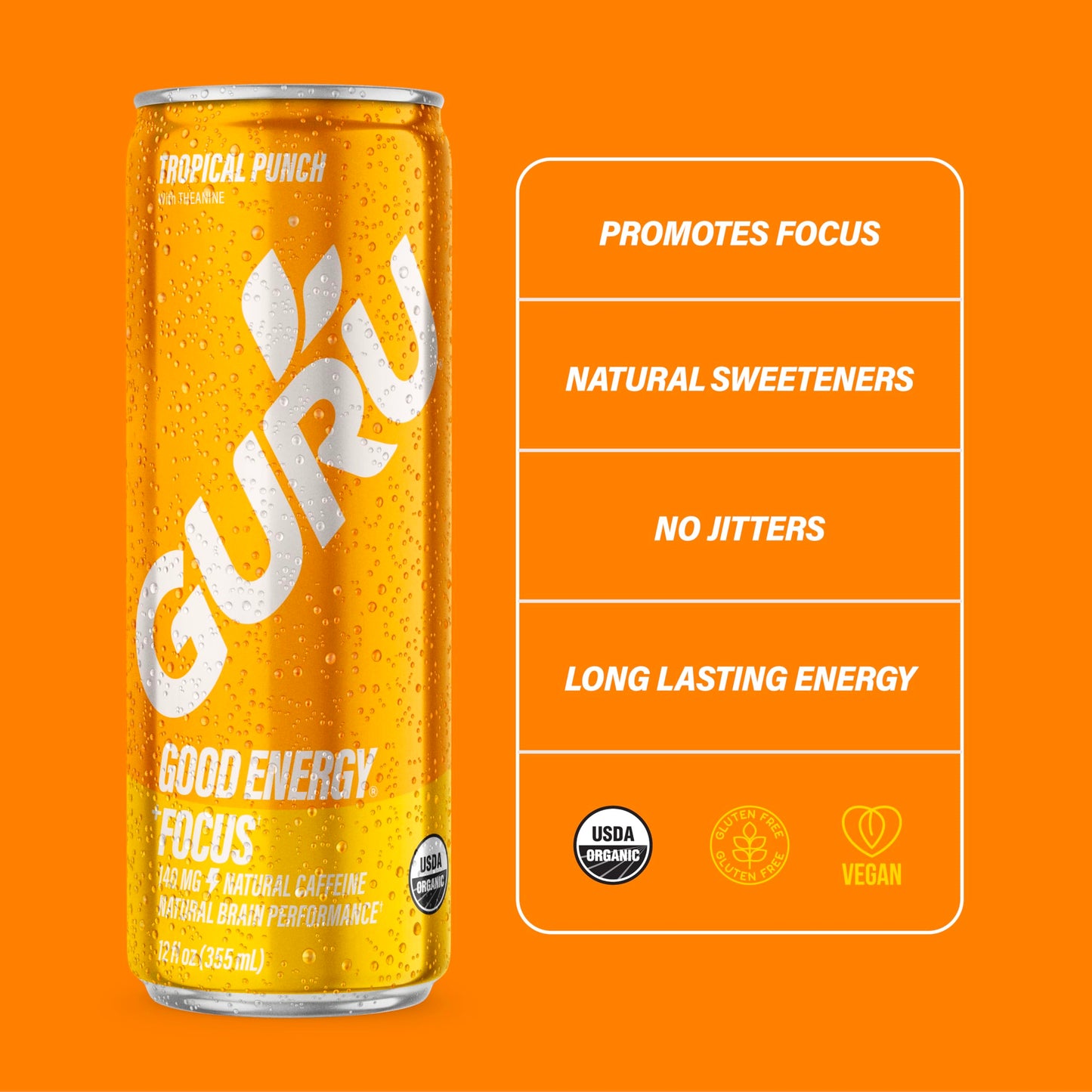 GURU Tropical Punch Organic Energy Drink, Plant-Based Caffeine, 12 Fl Oz, Pack of 12