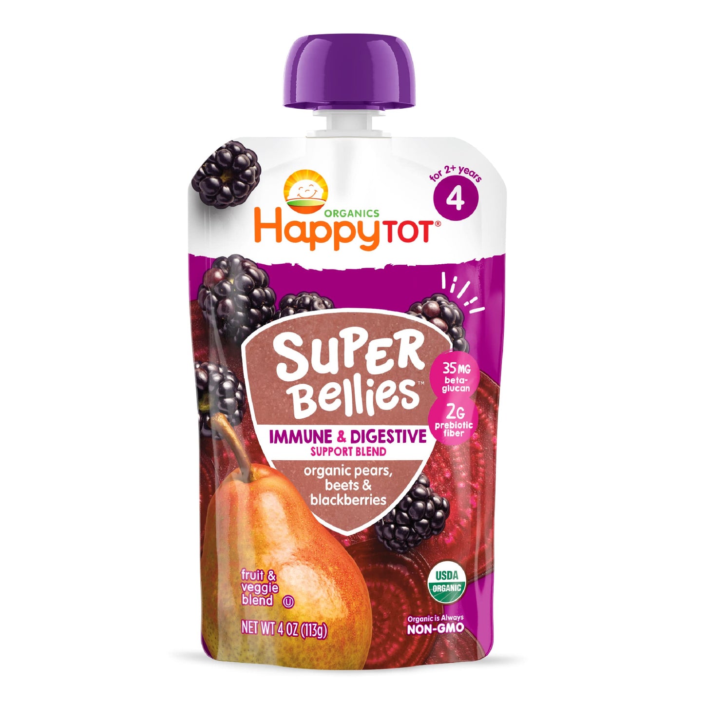 Happy Tot Organics Stage 4 Baby Food Pouches, Gluten Free, Vegan Snack, Super Bellies, Fruit & Veggie Puree, Pears, Beets & Blac