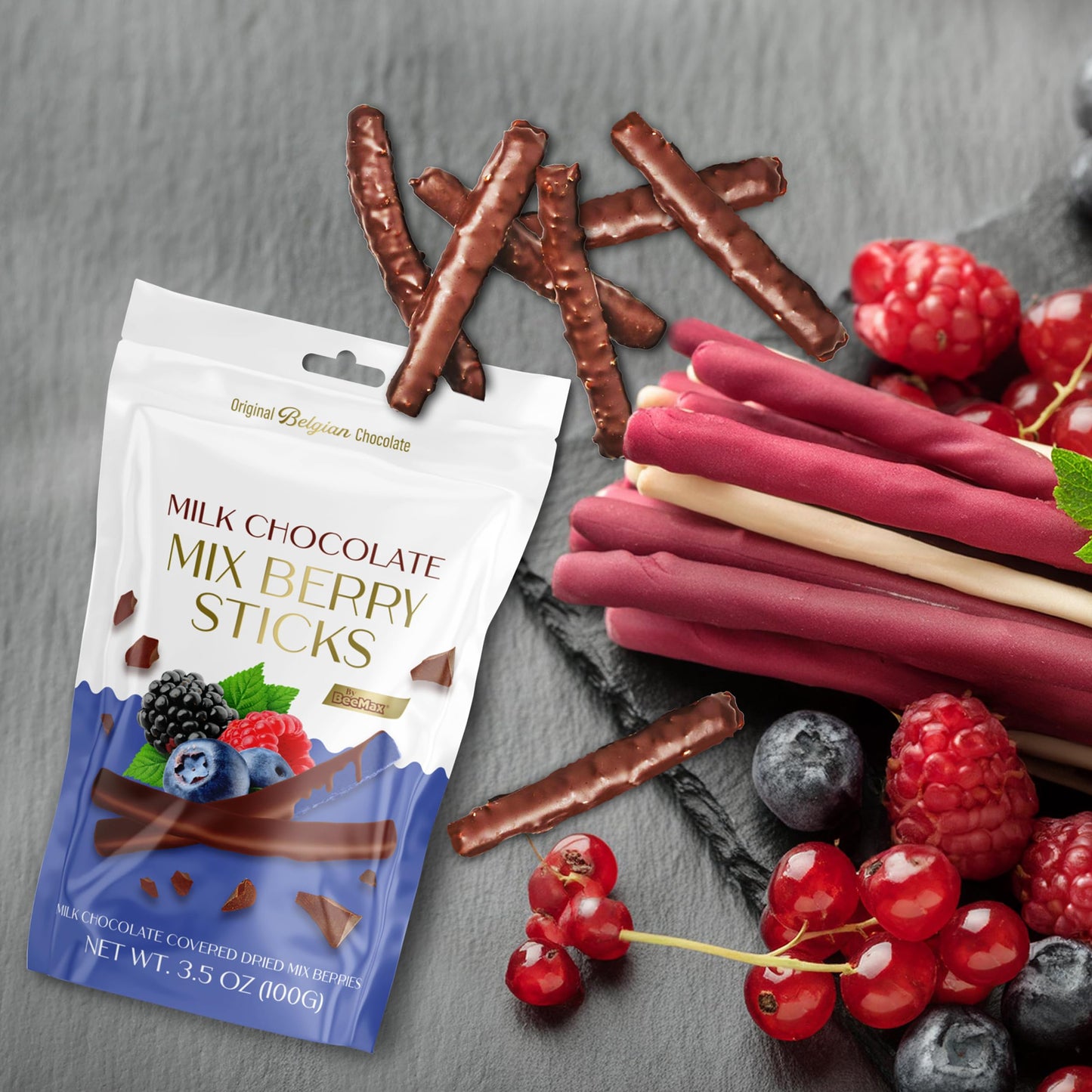 BEEMAX Belgian Chocolate Covered Fruit Sticks, Milk Chocolate, Gourmet Dried Fruit, 3.5 oz Resealable Pouch, Non-GMO