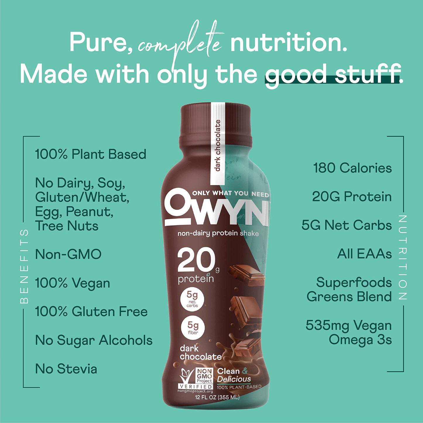 OWYN Dark Chocolate Flavored Protein Shake, 20g Protein, 4g Sugar, 3g Fiber, Dairy Free, Plant Based Protein Drink 12 Count