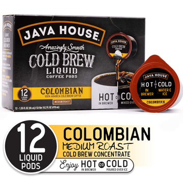 Java House Cold Brew Coffee Concentrate Single Serve Liquid Pods - 1.35 Fluid Ounces Each (Colombian, 12 Count)