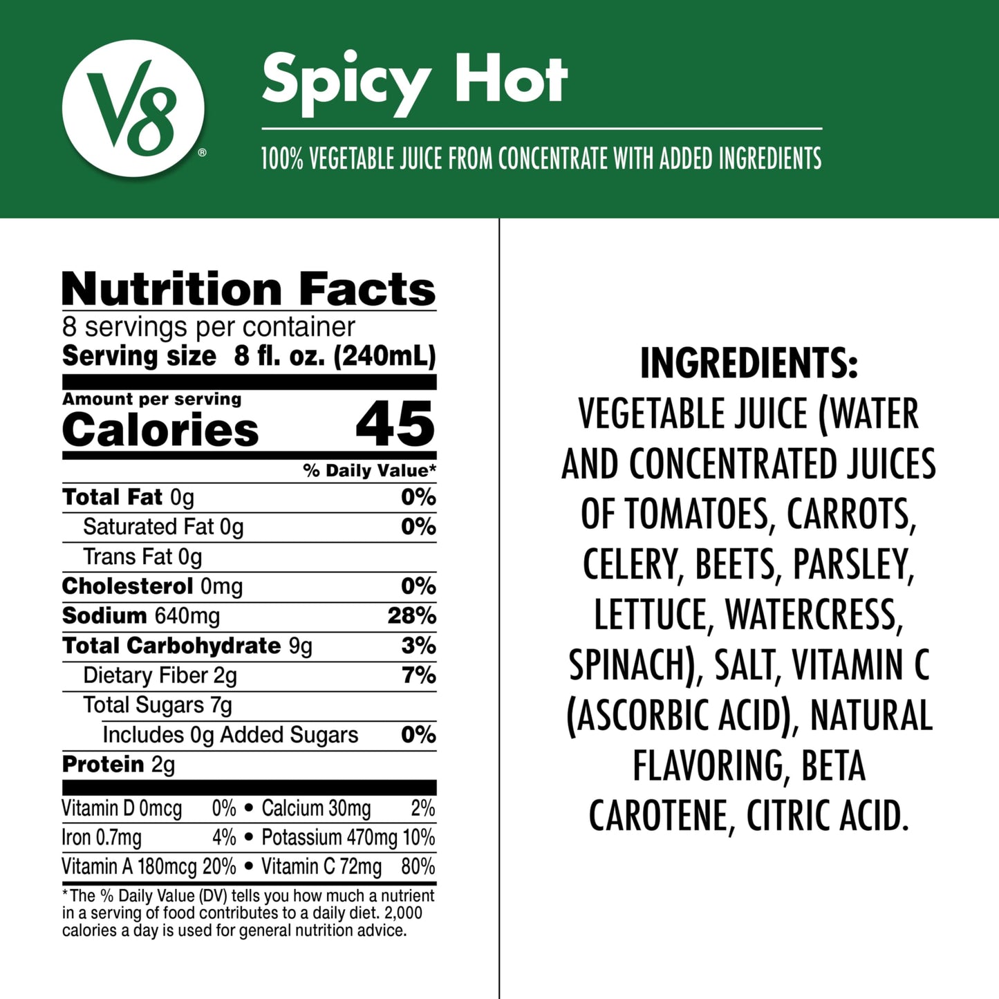 V8 Spicy Hot 100% Vegetable Juice, 64 Fl Oz Bottle (6 Pack)