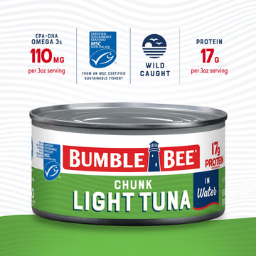 Bumble Bee Chunk Light Tuna In Water, 12 Oz Can - Wild Caught Skipjack Tuna - 17G Protein Per Serving - Msc Certified Sustainable Seafood, Non-Gmo, Gluten Free, Kosher