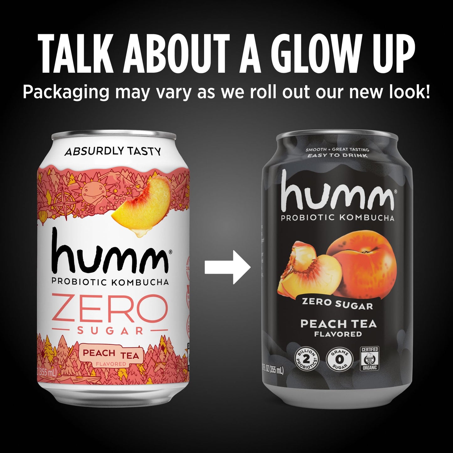 Humm Probiotic Kombucha Zero Sugar Peach Tea, 12Oz Cans (8 Pack)