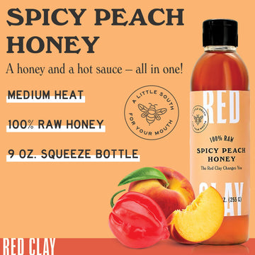 Hot Spicy Peach Honey by Red Clay Hot Sauce, Gluten Free, Paleo Friendly, Raw Wildflower Honey Infused with Real Peach Juice and