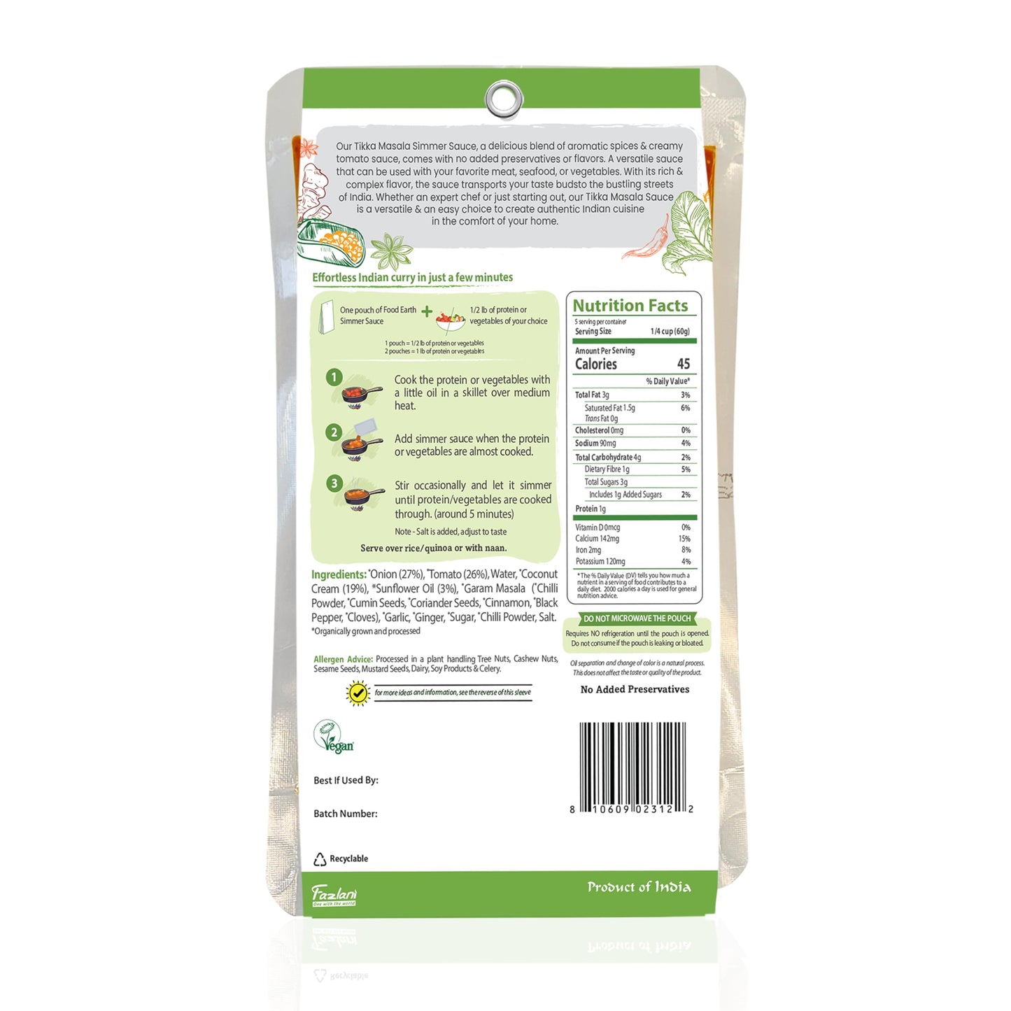 Food Earth Indian Simmer Sauce - Tikka Masala - Organic, Vegan, Gluten-Free, GMO-Free - Microwavable Cooking Sauce - 12 Pouches