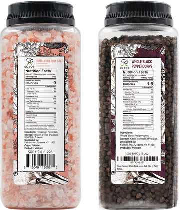 Soeos Himalayan Pink Salt 39 oz + Whole Black Peppercorns 18 oz, Kosher Bulk, Coarse Salt, for Grinder Refill, Peppercorns, Pepp