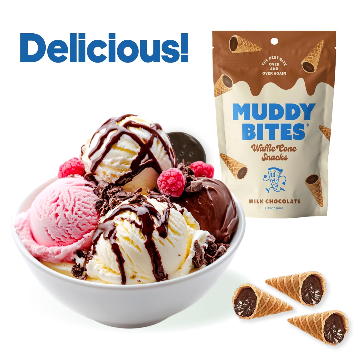 P&V Milk Chocolate Waffle Cone Snacks - 2.33oz Pouch (Pack of 3) | Crunchy Waffle Cone Bites Coated in Smooth Milk Chocolate | P