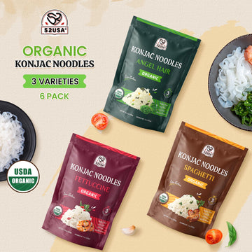 52USA Organic Konjac Shirataki Noodles, Low Carb Pasta, 64 Oz, Vegan, Keto Friendly, 3 Varieties in 6 Pack