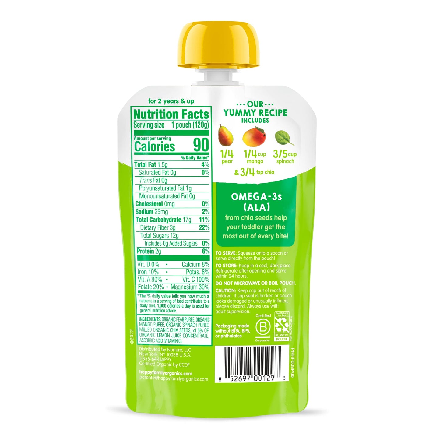 Happytot Organics Stage 4 Baby Food Pouches, Gluten Free, Vegan Snack, Superfoods Fruit & Veggie Puree, Pears, Mango, Spinach & Chia, 4.22 Ounce (Pack Of 1)