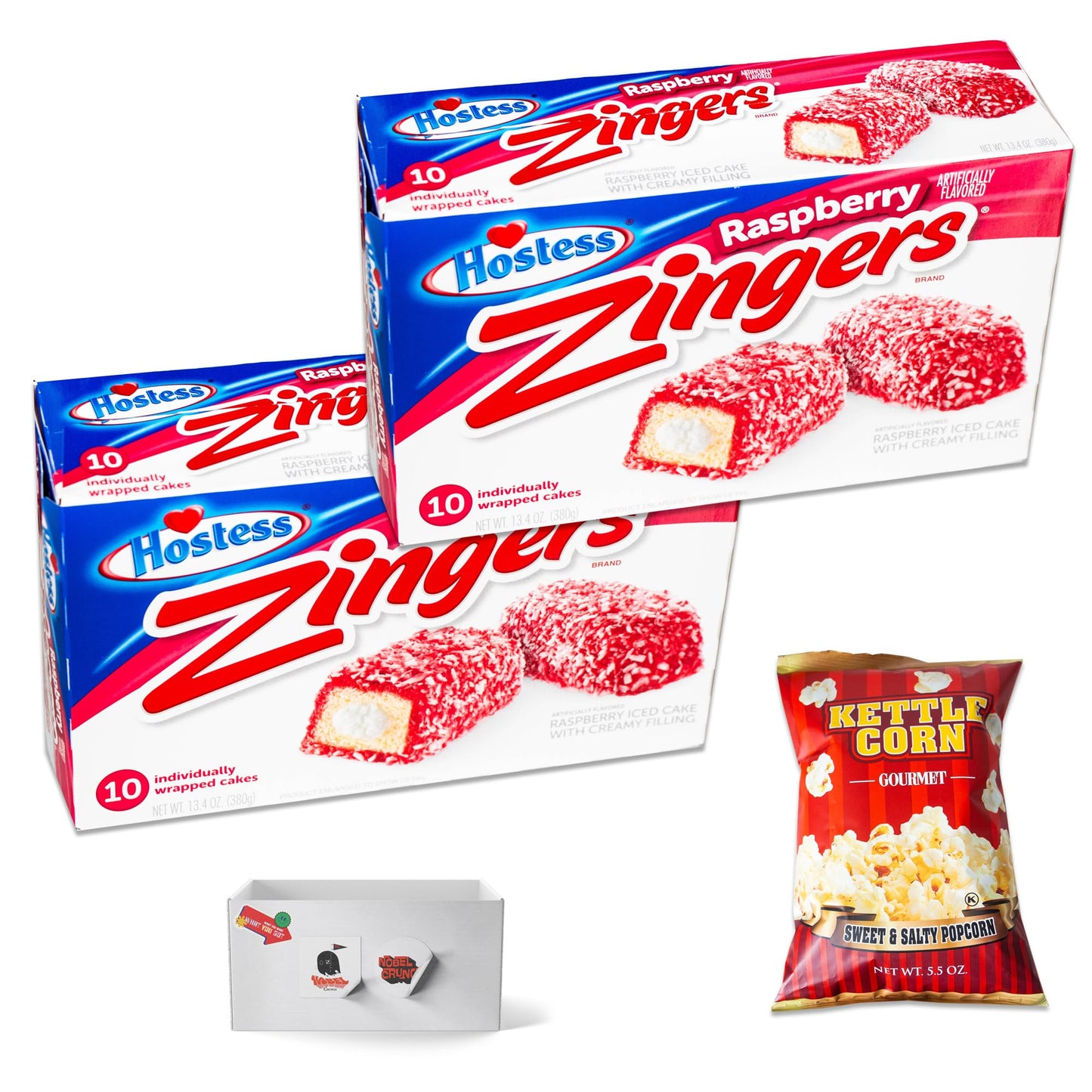 Raspberry Zingers (2, 10ct packs - 20 Zingers) - Sweet and Salty Kettle Popcorn (1, 5.5oz bag) - 3 Items Total