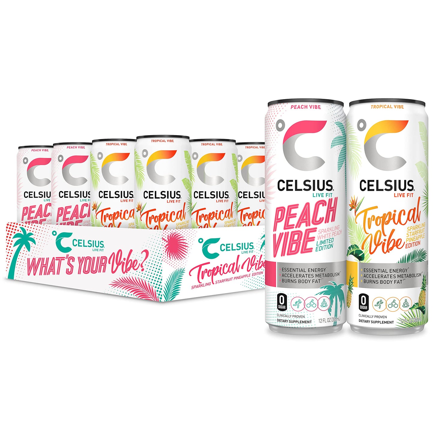 Celsius Essential Energy Drink, What'S Your Vibe Variety Pack 12 Fl Oz (Pack Of 12)